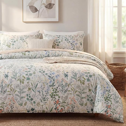 Duvet Cover King Size 100% Cotton Comforter Cover Green Floral Breathable Duvet Cover with Zipper Closure & Corner Ties 3 Pcs Green Fragrant Grass Duvet Cover Set