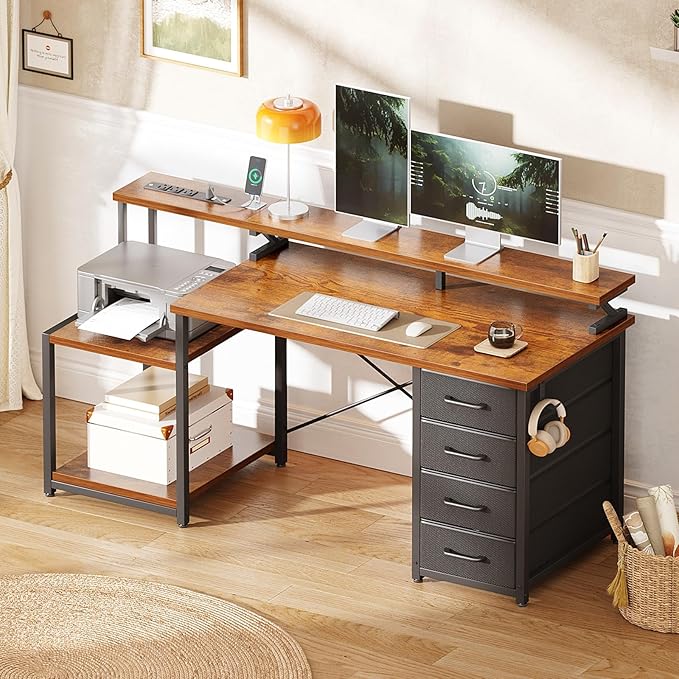 ODK 55 Inch Computer Desk with Power Outlets & 4 Drawers, Home Office Desk with Monitor Stand & Storage Shelves, Vintage