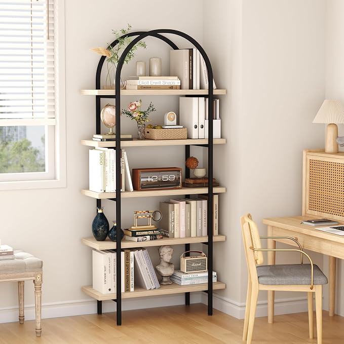 Yusong Bookshelf 5 Tier Arched Bookcase, 74" Tall Industrial Open Book Shelves for Living Room, Modern Freestanding Display Shelving Storage Rack with Metal Frame, Office, Bedroom, Natural Wood Color