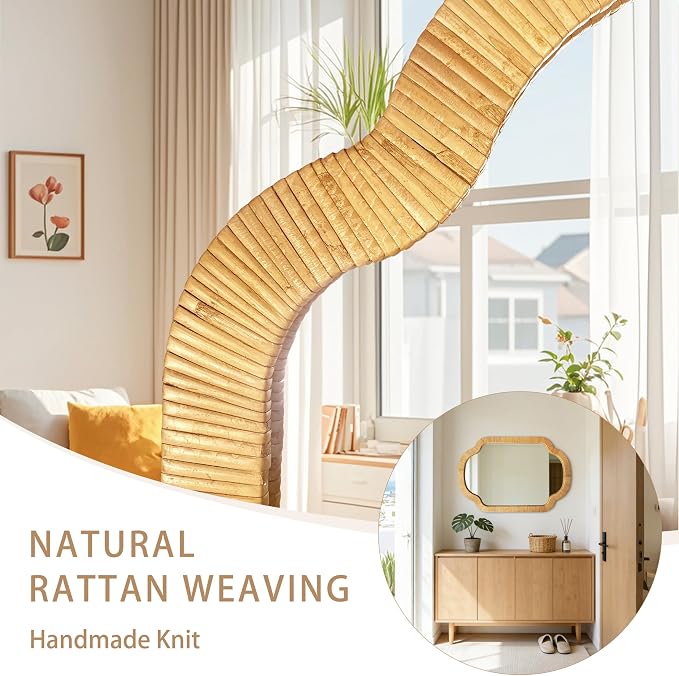 BAODANFU Natural Scalloped Rattan Wall Mirror, 24"×36" Hand-Woven Decorative Mirror for Entryway, Bathroom, Bedroom, Dining Living Room, French Vintage/Wabi-Sabi Home Decor, Horizontal/Vertical