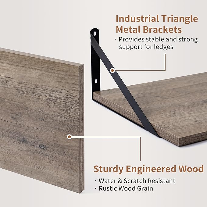 Axeman Deep Floating Shelves for Wall, 12 Inch Deep Floating Shelves Set of 2, 16W x 12D Rustic Grey Wood Large Wall Mounted Shelves for Living Room Kitchen Bathroom Bedroom - Grey