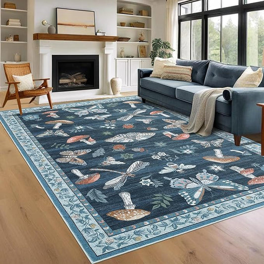 Washable 9x12 Area Rugs Living Room Large Rug Boho Vintage Floral Carpet Soft Bedroom Indoor Floor Mats Non-Slip Farmhouse Rustic Style Carpet for Nursery Dining Room Home Decor Office, Blue