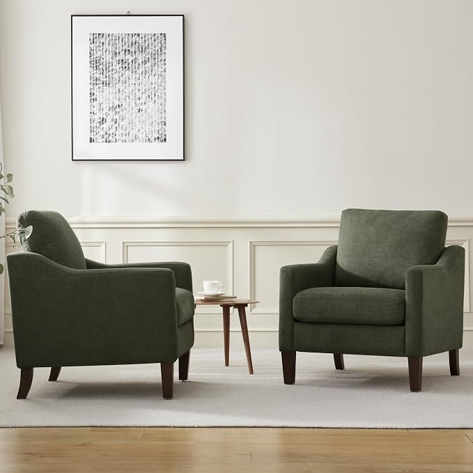 VKNOW Mid Century Modern Accent Chair, Upholstered Living Room Chairs Armchair for Bedroom, Comfy Reading Accent Chairs with Wood Legs for Living Room (2, Green)