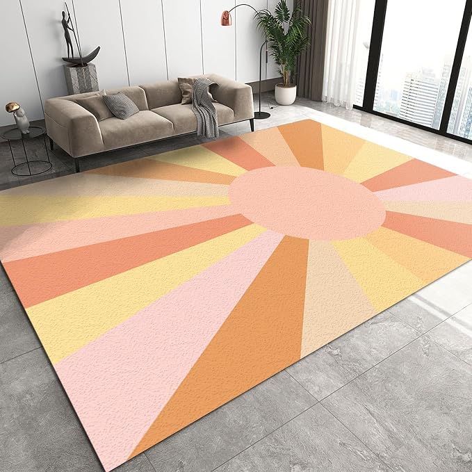 6x9 Area Rug Orange Pink Yellow Ray Stripes Art Area Rug, Mid-Century Abstract Boho Sun Soft Washable Rug, Anti-Slip Backing Decorative Rugs for Living Room Bedroom Kitchen Dining Room Home Rug