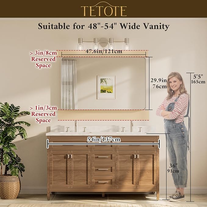 TETOTE 48 x 30 Inch Bathroom Mirror, Matte Black Modern Metal Frame Rectangle Wall Mounted Vanity Mirror (Horizontal/Vertical)