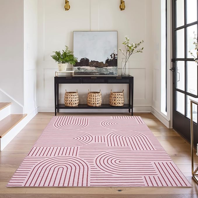 Washable Rug 5x7 Area Rugs for Living Room, Abstract Rug for Bedroom, Soft Rainbow Non Slip Throw Rugs with Rubber Back, Low Pile Stain Resistant Boho Geometric Carpet for Dining Room, Pink
