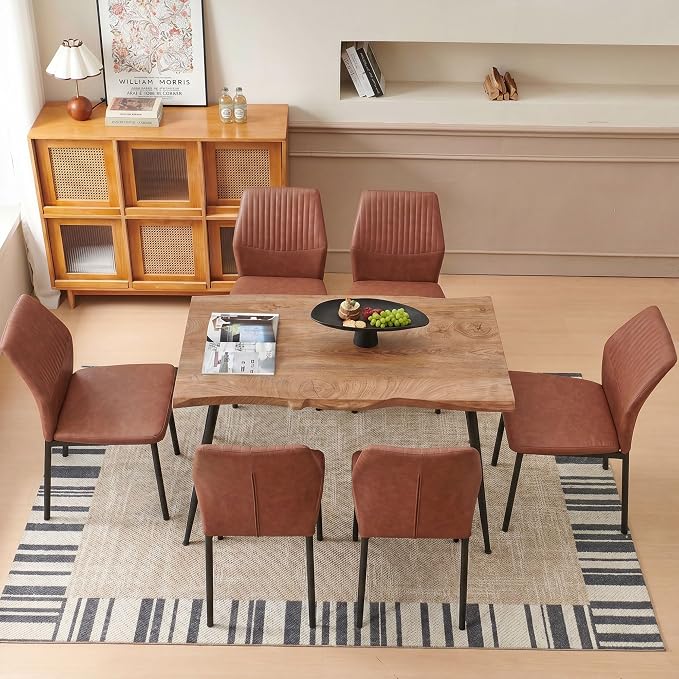 Dining Chairs Set of 6, Brown PU Leather Dining Chairs, Comfortable Upholstered Armless Kitchen Chairs with Black Metal Legs for Living Room, Dining Room, Kitchen