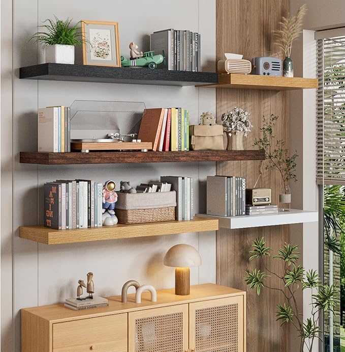 Heimlove 12" Deep Black Floating Shelves for Wall, 24 Inch Shelf Bathroom Shelves Set of 2, Mounted Shelves for Books Living Room Laundry Room Bedroom Kitchen Home Office