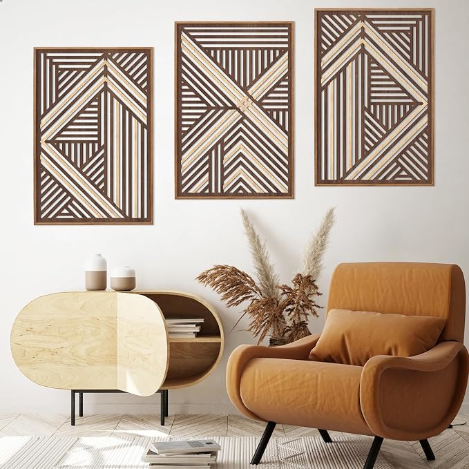 CHDITB Boho Geometric Wood Wall Art(Set of 3, 16"x24"), Large Modern Wooden Panel Hollow Line Art Decor, Rustic Abstract Minimalist Wall Hanging Artwork for Bedroom Living Room Office