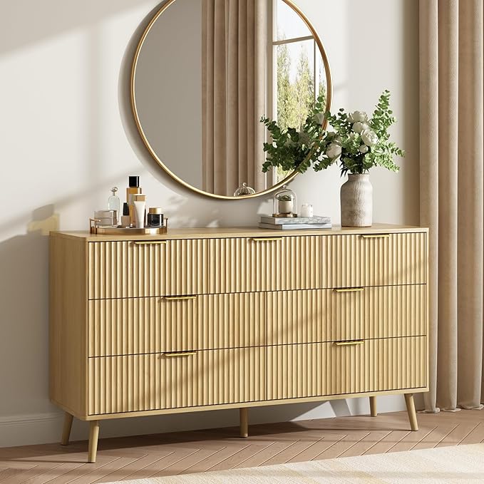 CARPETNAL Fluted Dresser and Nightstand Sets for Bedroom, 3 Pcs Bedroom Set, 7-Drawer Dresser & 2-Drawer Nightstand Set of 2, Modern Wood Chest of Drawers for Living Room, Entryway, Oak