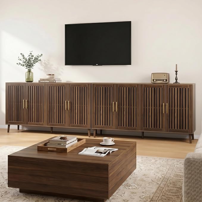 Smart FENDEE 63" Long Sideboard Buffet with 4 Slatted Doors, Farmhouse Buffet Storage Cabinet with Adjustable Shelf, Coffee Bar Cabinet for Entryway, Kitchen, Dining Room, Living Room, Walnut Color