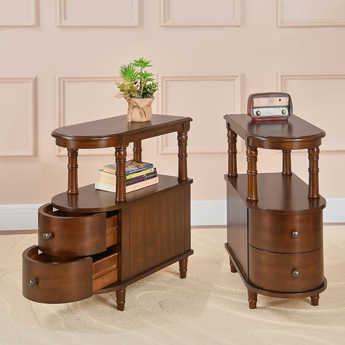 Biaco Set of 2 Solid Wood End Tables with 2 Drawers, Cherry Walnut Vintage Sofa Side Tables with Open Shelf,Full Assembly Slim Nightstands for Bedroom Living Room 23.4" Dx11.4 Wx25.3 H, BG-A508-CY