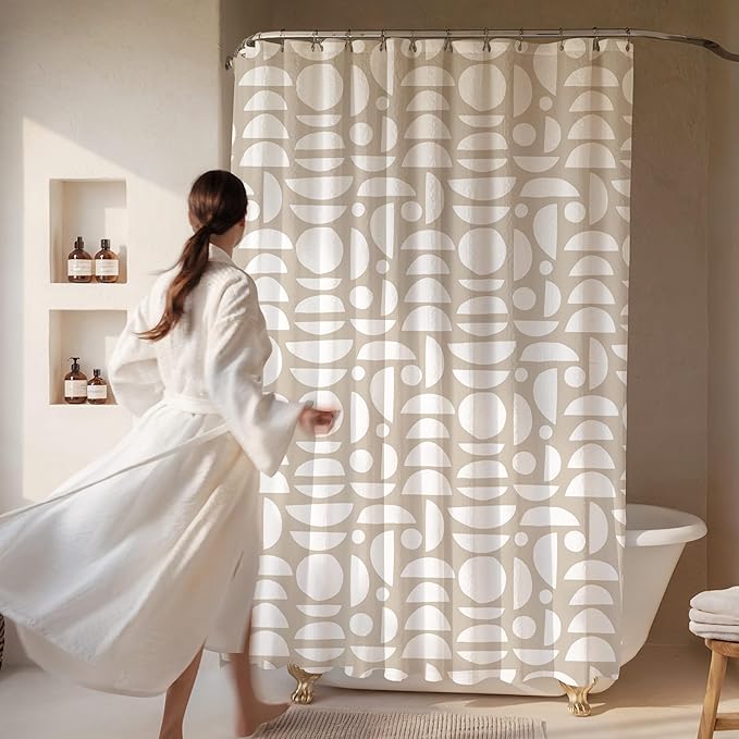Linen Beige & White Abstract Shower Curtain – Boho Pattern – Modern Minimalist Scandi Style – Neutral Fabric Bathroom Decor – 72x72 Inches (Linen Half Circle)