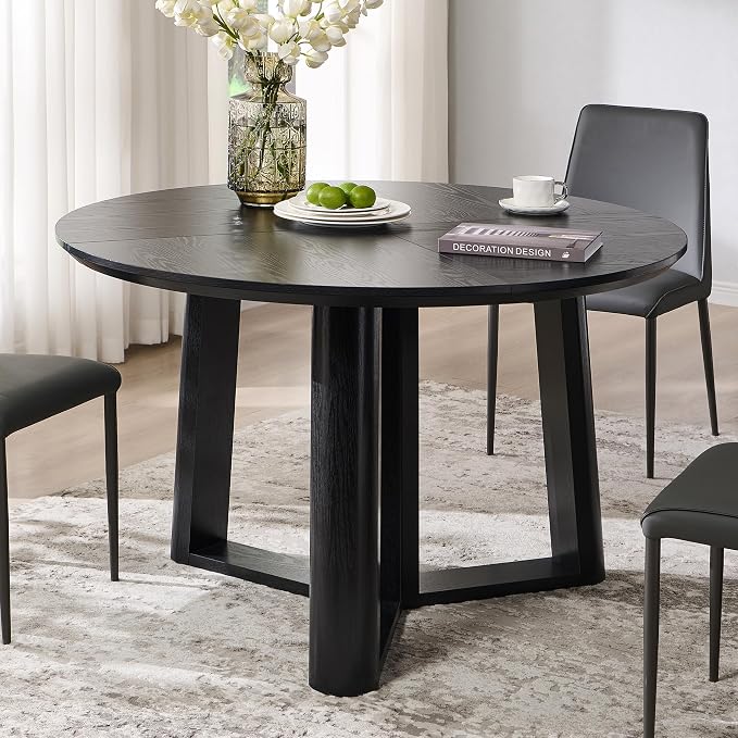 OKD 47" Dining Table for 4-6, Round Dining Room Table with Triangular Structure Pedestal Stable Base, Curved Table Edge, Circle Kitchen Tables for Dining Room, Kitchen, Black Oak