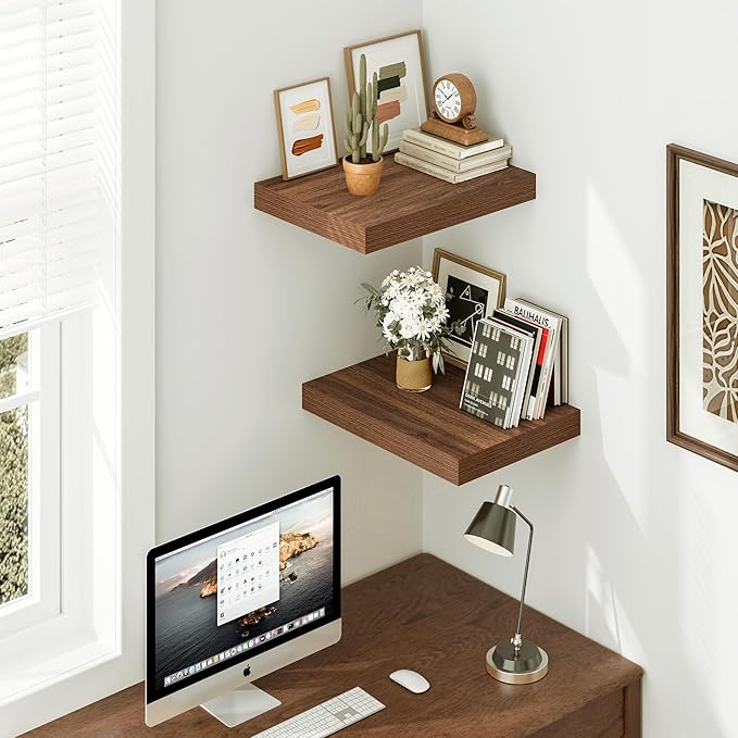 Vivelove Rustic Floating Shelves for Wall 12 Inch Deep, 15.7" X 12" X 1.5" Floating Shelf, 2 Inch Thick Shelf for Living Room Bathroom Bedroom Kitchen Office, Rustic Farmhouse Decor Set of 2, Walnut