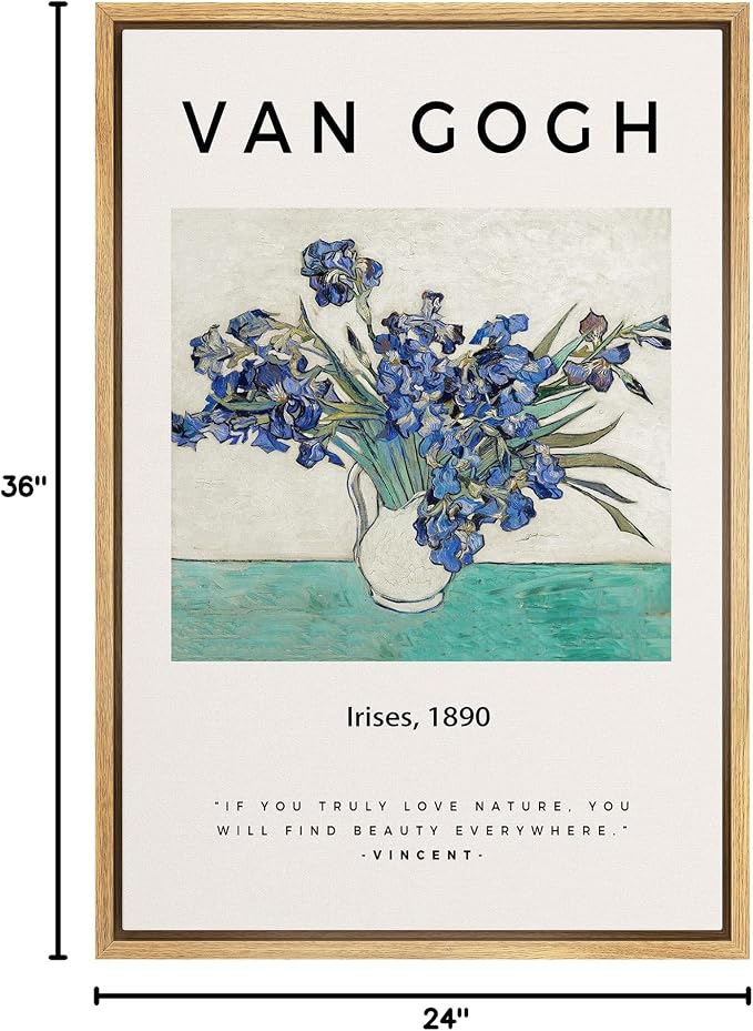 SIGNLEADER Framed Canvas Print Wall Art Van Gogh Irises 1890 Decorative Brushstroke Illustrations Fine Art Colorful Multicolor Warm for Living Room, Bedroom, Office - 24"x36" Natural