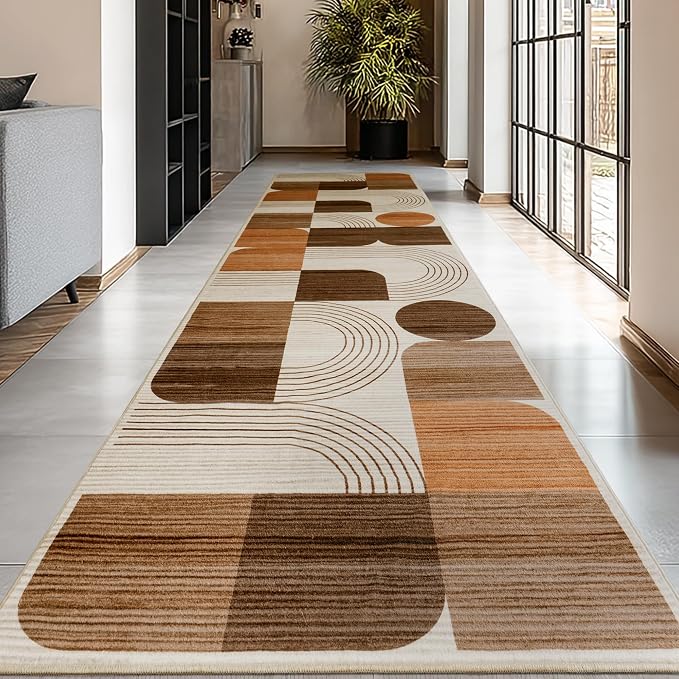 Machine Washable 2x6 Runner Rug, Soft Modern Geometric Abstract Orange Rugs for Bedroom Living Room, Non-Shedding Faux Wool Indoor Throw Floor Carpet for Office Entryway Dining Room Decor