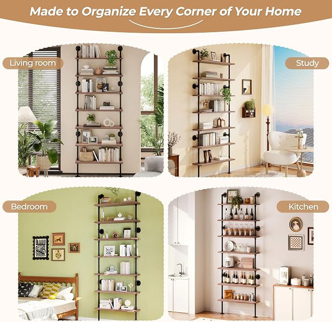 7 Tier Industrial Wall Mounted Ladder Shelf Bookcase, Rustic Wood Metal Pipe Industrial Shelves for Living Room Decor and Storage (Weathered Brown, 7 Tier - 10" D x 36" W x 95.5" H)