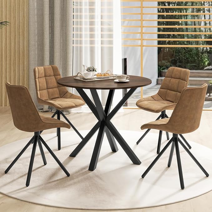 Moccha 36" Round Dining Table for 4 - Rubber Wood Kitchen Table with Intersecting Trestle Legs, Vintage Bar Table, Farmhouse Dining Room Tables for Dinette, Small Space, Restaurant, Bistro (Brown)