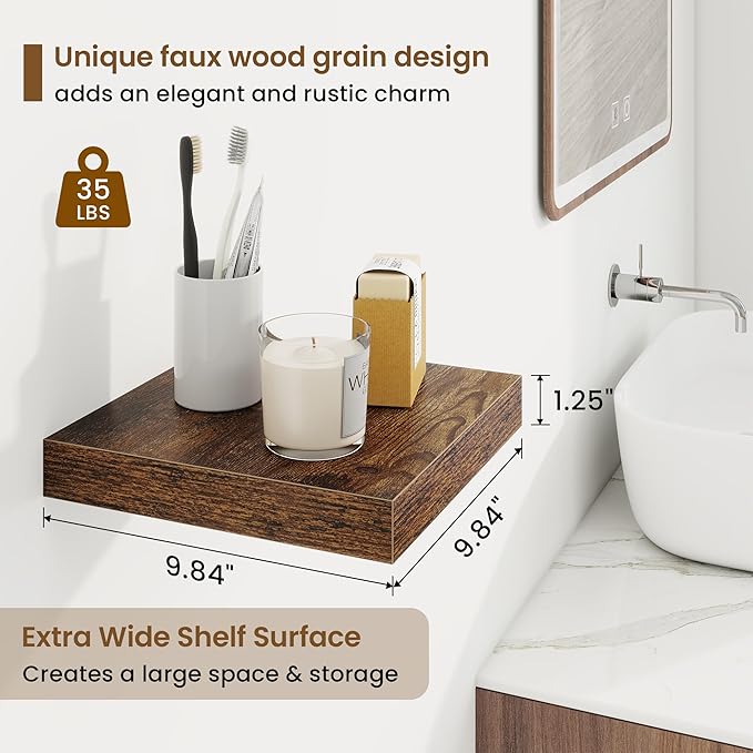 Square Floating Shelves for Wall, 9.25"W x 9.25"D x 1.25"H, 3 Pack Small Wall Mounted Engineered Wood Shelves with Invisible Brackets for Living Room, Bedroom, Bathroom, Kitchen Decor, Rustic Brown