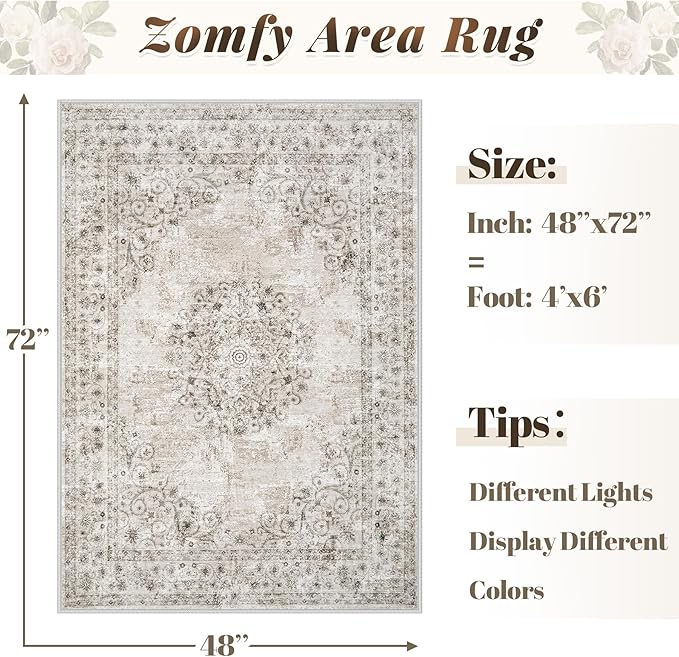 Area Rug 4x6 Vintage Rug: Washable Indoor Medallion Rugs Low Pile Distressed Floor Carpet Retro Accent Rug for Living Room Bedroom Kitchen Dining Table Home Office(Distressed Taupe, 4'x6')