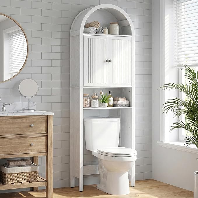 White Over The Toilet Storage Cabinet with Fluted Doors, Arched Bathroom Cabinet with Adjustable Shelf, 4 Tier Small Bathroom Shelf Organizer, Narrow Slim Toilet Rack, Wood, Anti-Tipping Device