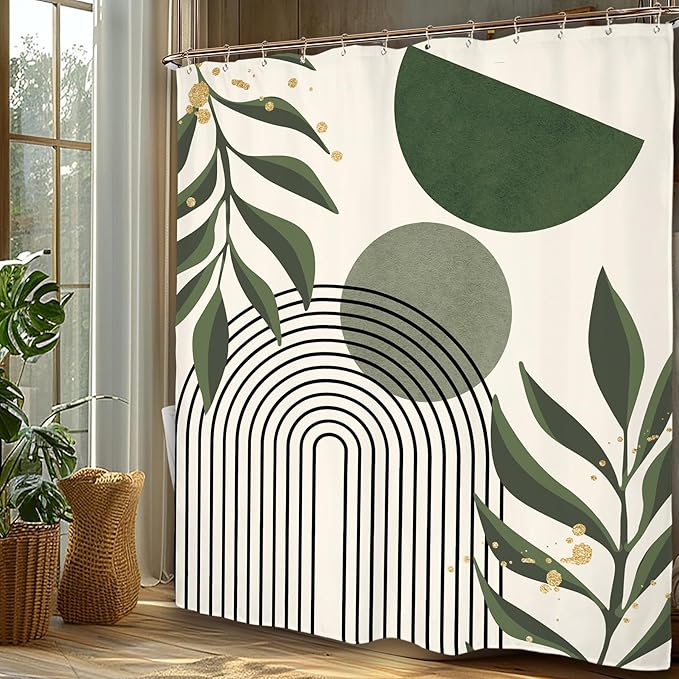 Miyotaa Abstract Sage Green Minimalist Shower Curtain Set 60Wx71H Inches Geometric Aesthetic Modern Mid Century Neutral Contemporary Plant Leaves Waterproof Bathroom Curtain with 12 Hooks
