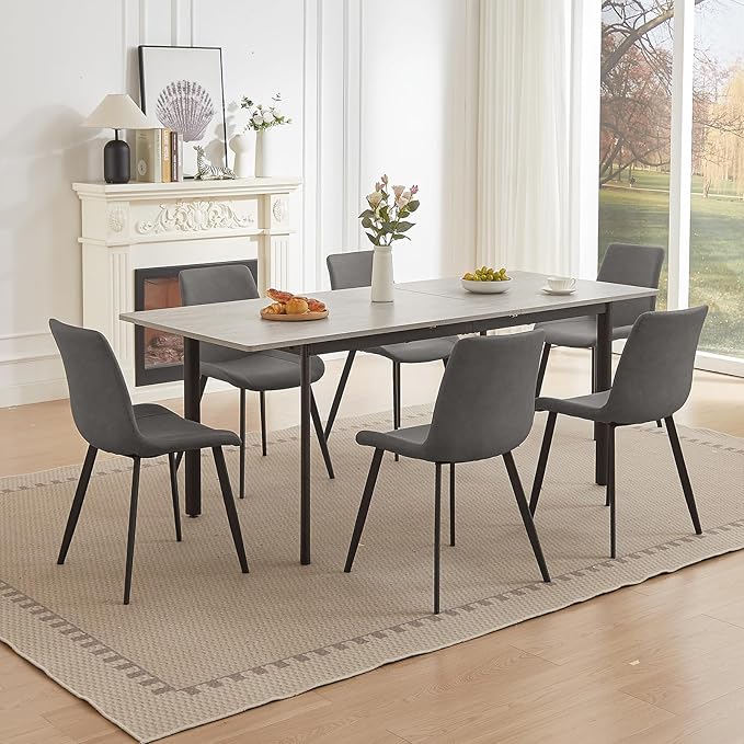 63"- 78.7" Extendable Dining Table Set for 6, Modern Kitchen Table with 6 Dining Chairs for 4-6 Person, Thickened Expandable Wooden Table with Metal Legs for Dining Room, Kitchen