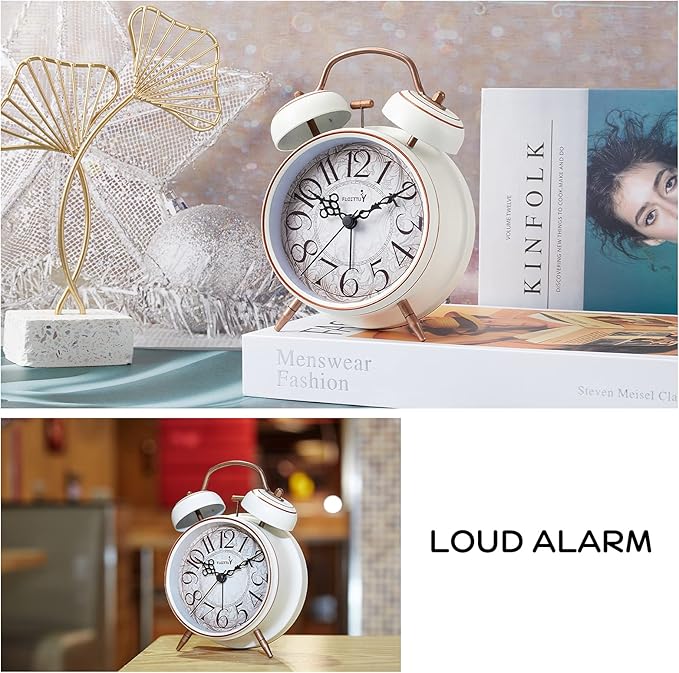 FLOITTUY Loud Alarm for Deep Sleepers 4'' Retro Twin Bell Alarm Clock with Backlight for Bedroom and Home Decoration(Retro White)