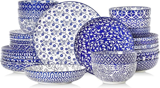 Selamica Ceramic Plates and Bowls Sets,32 Pieces Dinnerware Sets for 8,Scratch Resistant Dish Set for family gathering,Dishwasher & Microwave Safe, Vintage Blue
