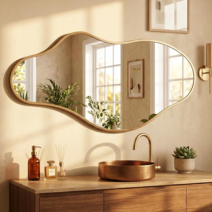 Dorlicecass Bathroom Mirrors for Over Sink - Long Wall Mirrors Decorative 24"x 43" Asymmetrical Abstract Aviation Aluminum Alloy Frame Unique for Bedroom, Living Room, Cloakroom, Entryway Gold