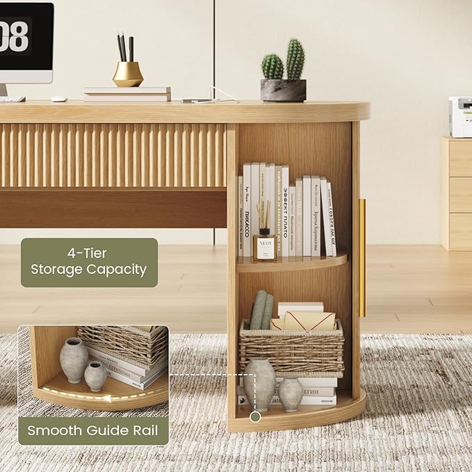 SEDETA Office Desk with 2 Drawers, 58.3" x 21.7" Fluted Computer Desk with 2 Sliding Doors Storage and Power Strip, Wood Executive Desk for Home Office, Light Oak
