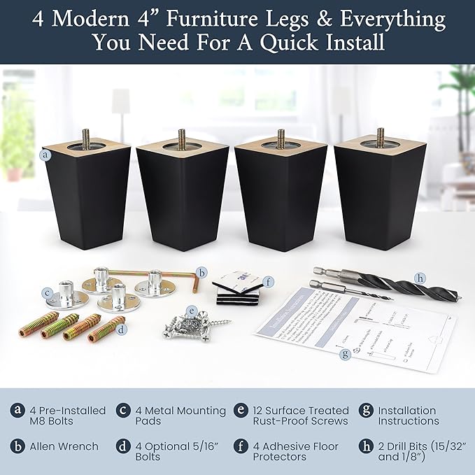 Airy Abode Premium Black Square Furniture Legs (Full Install Kit) - Pick Your Size and Color