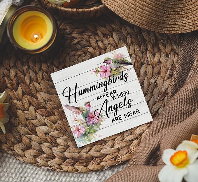 Hummingbird Decor, Hummingbird Gifts For Women, Hummingbirds Appear When Angels Are Near Wooden Box Signs, Farmhouse Floral Bird Wood Decoration Home Decor For Desk Table Shelf 5x5 Inch