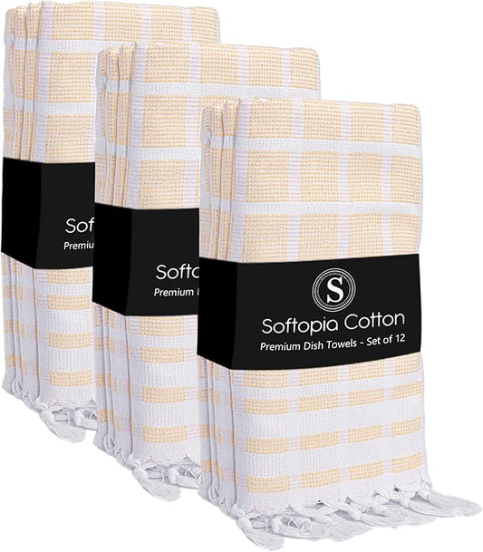 Matrix Dobby Kitchen Towels 12 Pack, 100% Cotton, 16x26 Inches, Absorbent Tea Towels with Handmade Tassels, Reusable Washable Cloths for Quick Drying and Cleaning - Pale Yellow, White