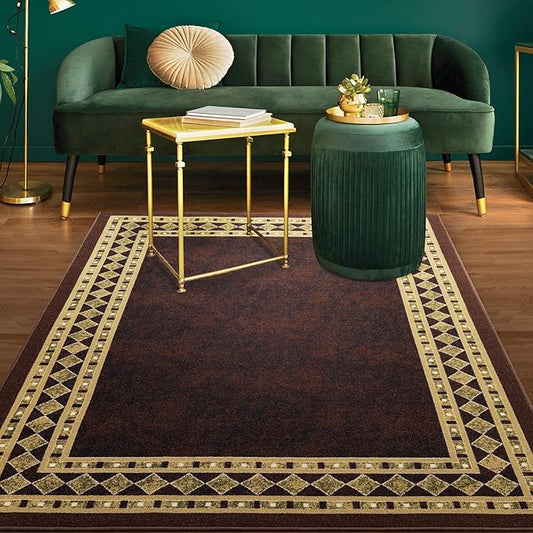 Antep Rugs Alfombras Modern Bordered 5x7 Non-Skid (Non-Slip) Low Profile Pile Rubber Backing Indoor Area Rugs (Brown Beige, 5' x 7')