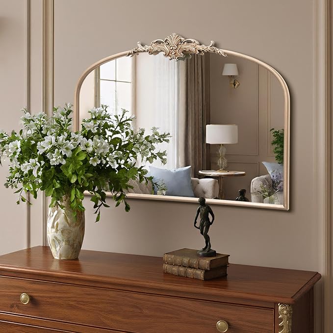 Besdomus Arched Vintage Gold Mirror: 32"x24" Large Champagne Gold Antique Wall Mounted Mirror - Baroque Traditional Ornate for Fireplace/Bathroom/Living Room - Wall Decor for Fashion-Conscious