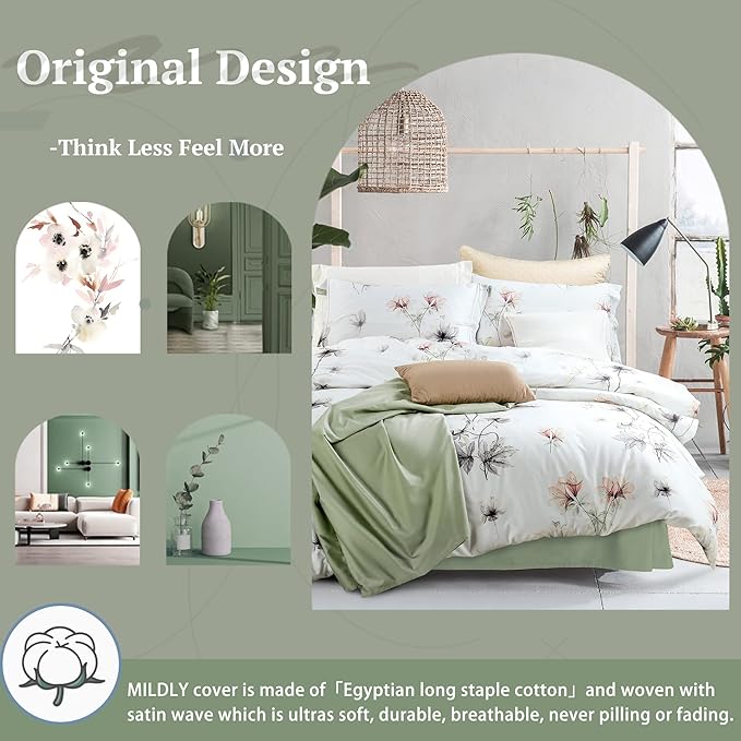 MILDLY Floral Duvet Cover Set - 100% Long-Staple Cotton White Green Leaves Pattern Printed Comforter Cover 3pcs Soft Breathable Luxury Bedding for All Season