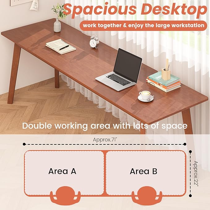 Solid Wood Desk with Large Desktop - 70.9" Mid Century Modern Executive Desks, Farmhouse Home Office Computer Desks for Two People, Writing Study Table | 2 Person Desk for Any Room-Walnut