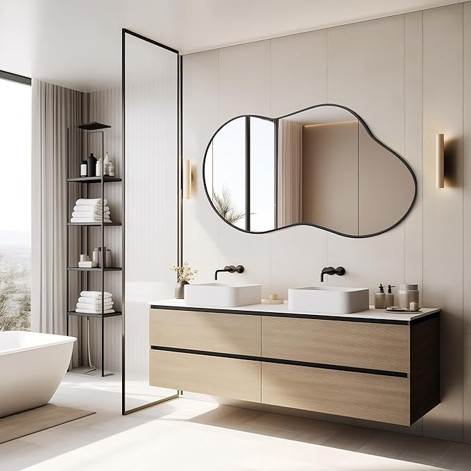 Irregular Wall Mirror - Wall Mirrors Decorative 24"x36" Black Asymmetrical Mirror Tempered Glass Aviation Aluminum Alloy Frame for Bathroom, Bedroom, Living Room, Cloakroom, Entryway