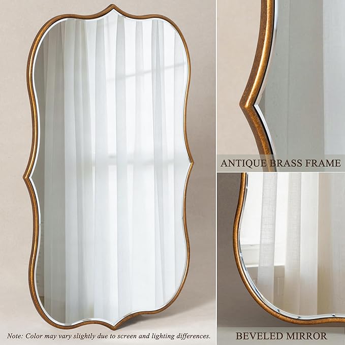 SHYFOY Antique Gold Mirrors for Wall Decor Decorative Wall Mirror Large 24" L x 36" W, Asymmetrical Wavy Accent Mirror with Scalloped Wood Frame, Bronze Farmhouse Traditional Mirror