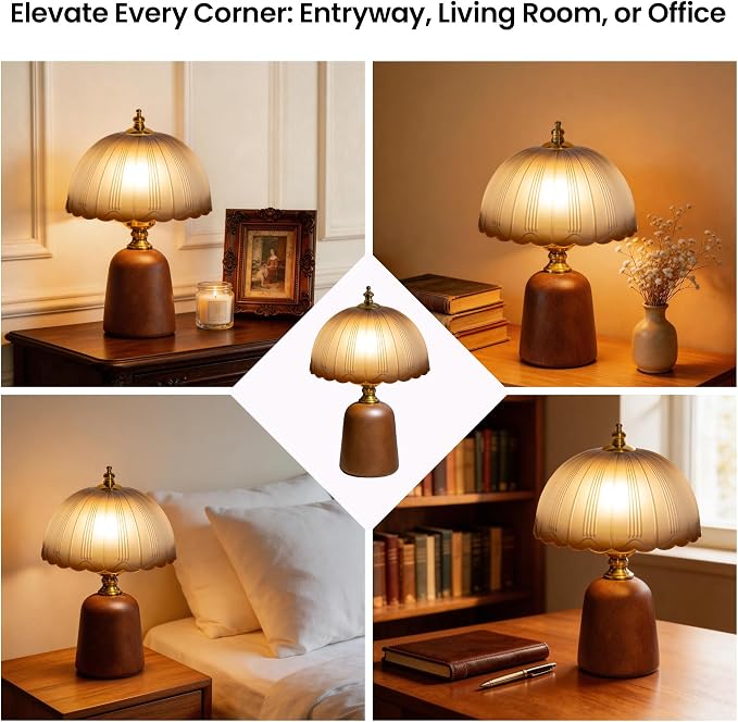 13 inch Decorative Wooden Mid-Century Modern Small Table Lamp, Vintage Amber Glass Shade, Solid Wood Base, Dimmable Bedside Lamp for Bedroom Living Room, Aesthetic Home Decor, E26 Bulb Included