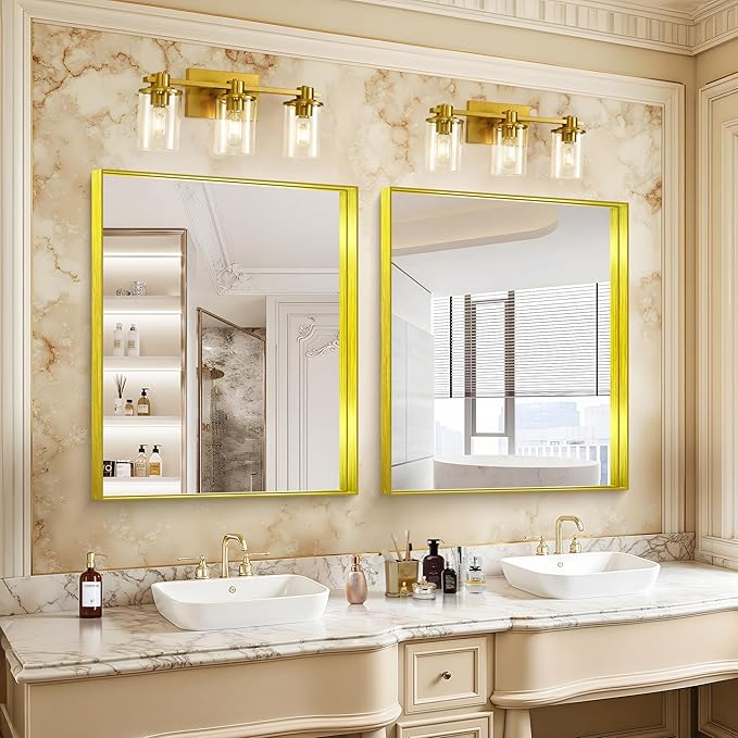 CIRCUMI Gold Bathroom Mirror, 30"x36" Rectangular Mirror with Deep Metal Frame, Brushed Finish, Tempered Glass, Mirror for Wall, Oversink, Bedroom, Installed Vertically/Horizontally, Crystal-Clear