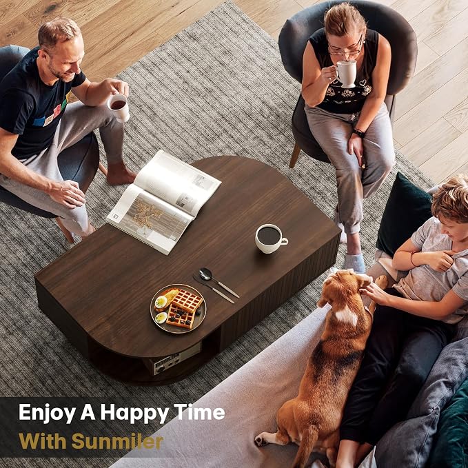 Mid-Century Modern 39.4" Coffee Table - Leaf-Shaped Wood Center Table with Storage, Retro Fluted Central Table with Sliding Door for Living Room, Office, Walnut