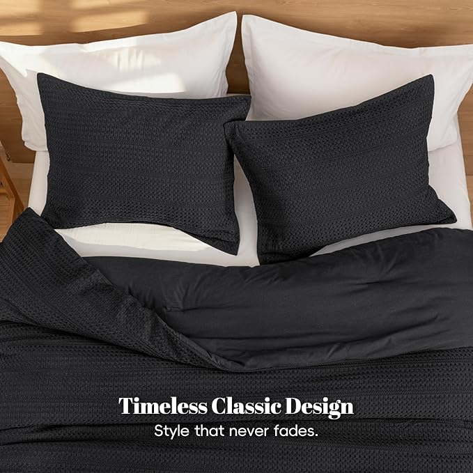 PHF Soft Waffle Comforter Set King Size- Comfy Breathable Waffle Weave Comforter with 2 Pillow Shams, 3 Pieces Less Snagging Lightweight Textured Bedding Set for All Season, Black
