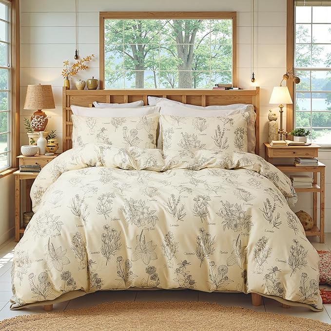 Cozeline 100% Cotton Duvet Cover Queen Size, Vintage Design with Luxrious Black Sketched Flowers & Leaves on Cream, 3 Pcs Breathable and Soft Duvet Cover for All Season