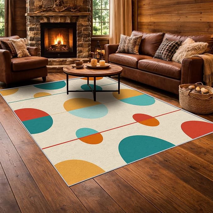 Mid Century Modern Area Rug 6x7, Washable Non Slip Low Pile Abstract Geometric Carpet for Living Room Bedroom Dining Room, Minimalist Retro Circle Accent Rug, Ivory Teal Mustard Orange