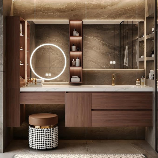 Floating Bathroom Vanity with Makeup Table, Single Sink Bathroom Vanity Includes LED Smart Defog Mirror with Open Shelf and Side Storage Cabinet, Wall-Mount Vanities with Drawers (Walnut A,76")