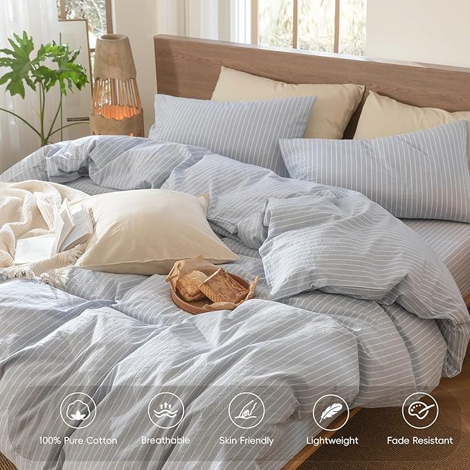MooMee Striped Duvet Cover Set 100% Washed Cotton Linen Like Textured Breathable Durable Soft Comfy (Cornflower Blue White Wide Stripes, King 104"x90")