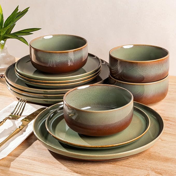 TheTerra Ceramic Dinnerware Sets for 4, 12 Pieces Handmade Reactive Glaze Plates and Bowls Set, Scratch Resistant Dish Set, Oven & Microwave & Dishwasher Safe, Sage Umber
